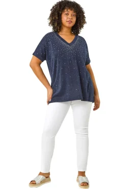 Tops>Roman Navy Curve Shimmer Hotfix Knit Top