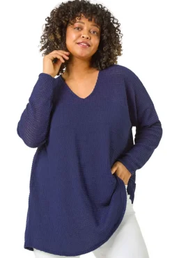 Tops>Roman Navy Curve Textured Knit V-Neck Tunic