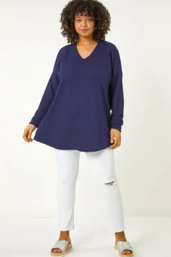 Tops>Roman Navy Curve Textured Knit V-Neck Tunic