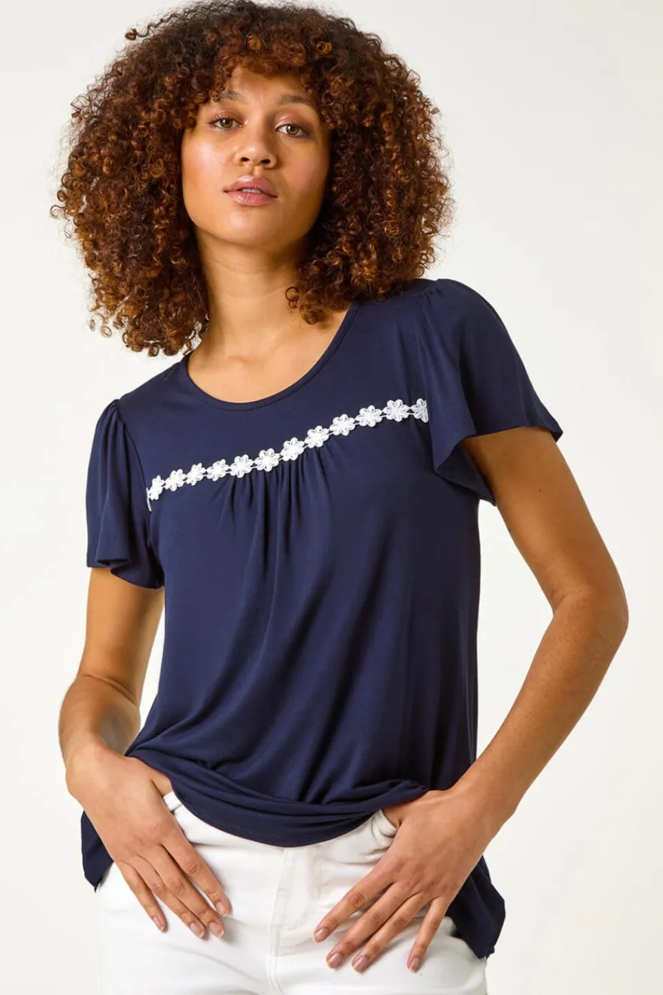 Tops>Roman Navy Daisy Applique Stretch Top