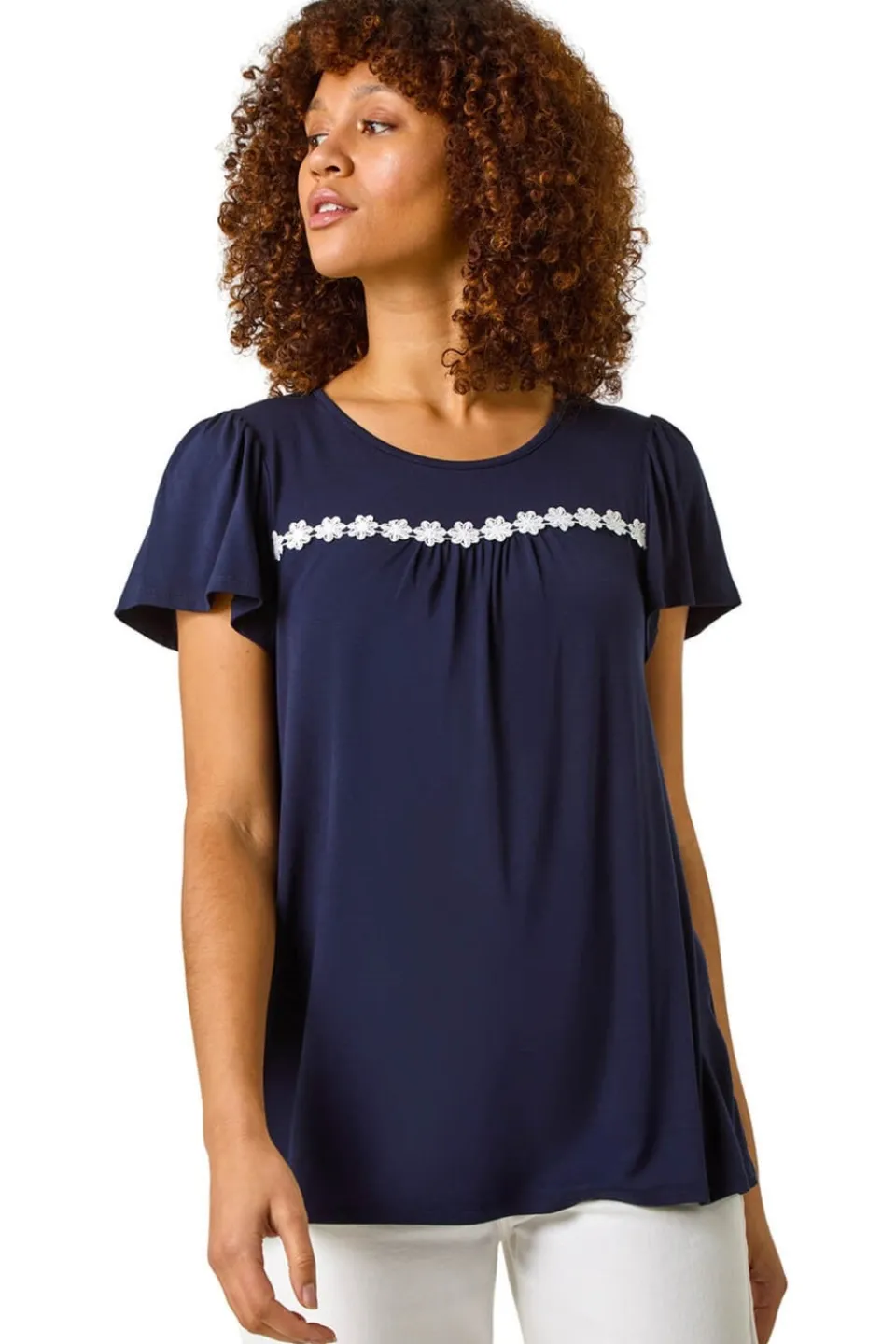 Tops>Roman Navy Daisy Applique Stretch Top