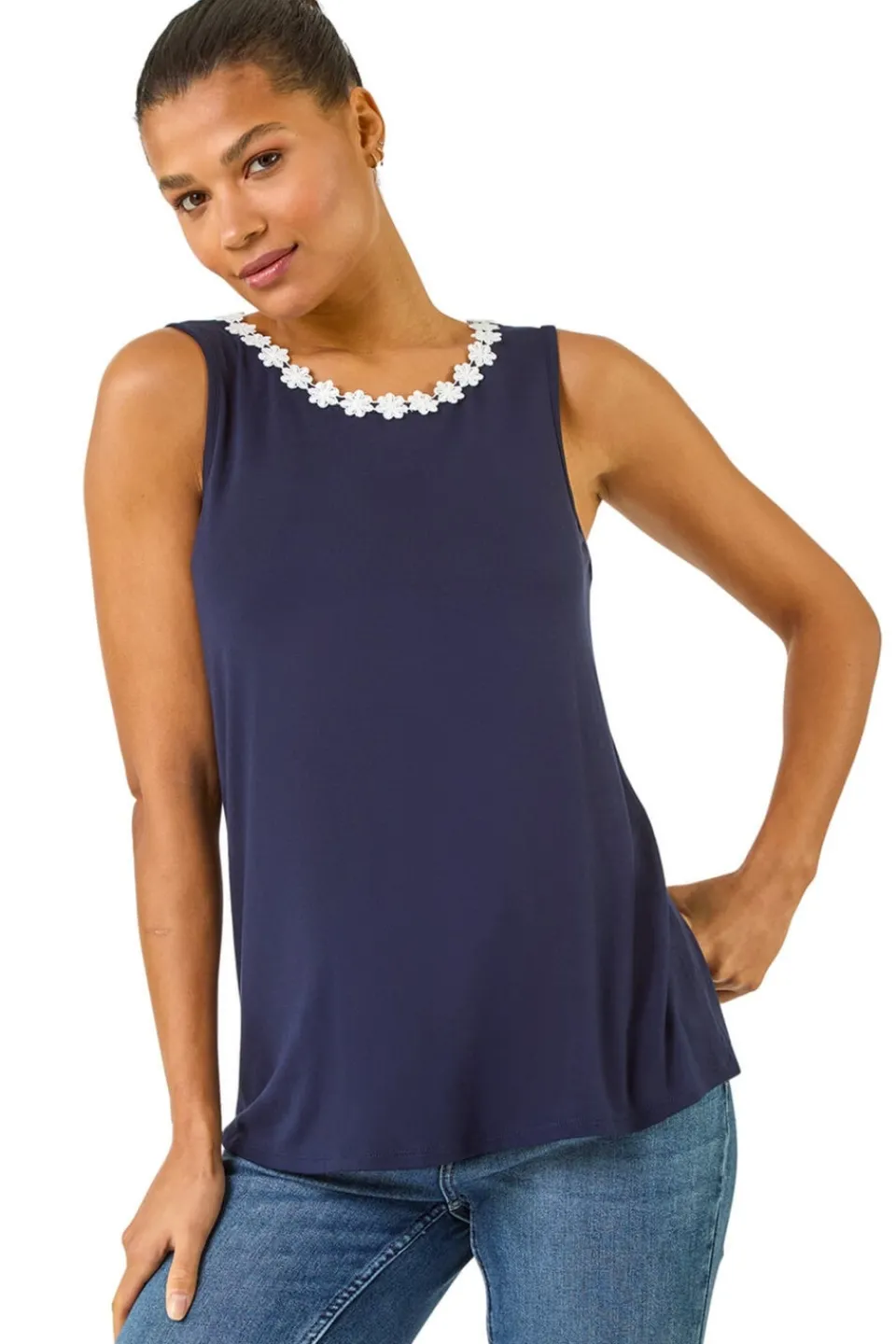 Tops>Roman Daisy Neck Trim Vest Top Navy