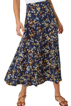 Skirts>Roman Navy Ditsy Floral Print Elastic Waist Midi Skirt