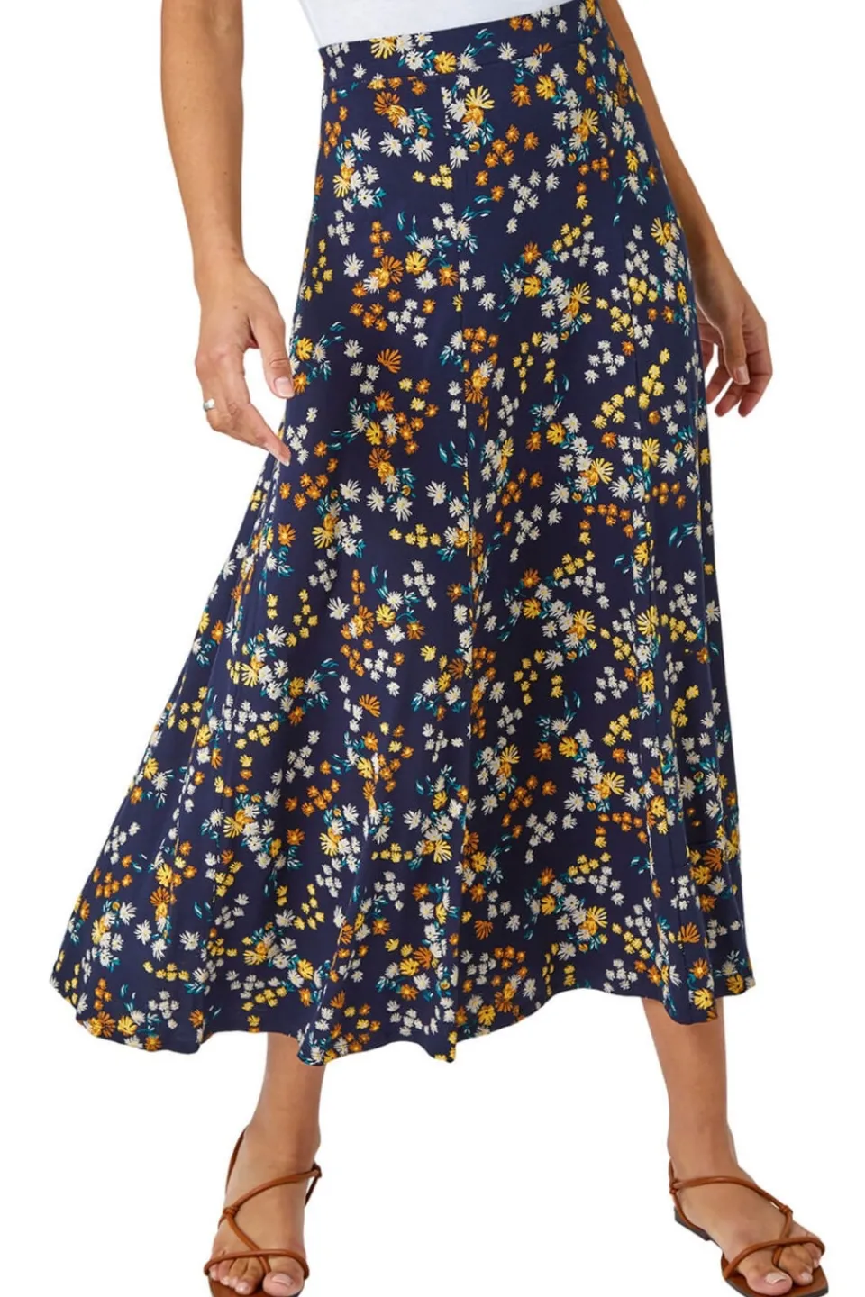 Skirts>Roman Navy Ditsy Floral Print Elastic Waist Midi Skirt