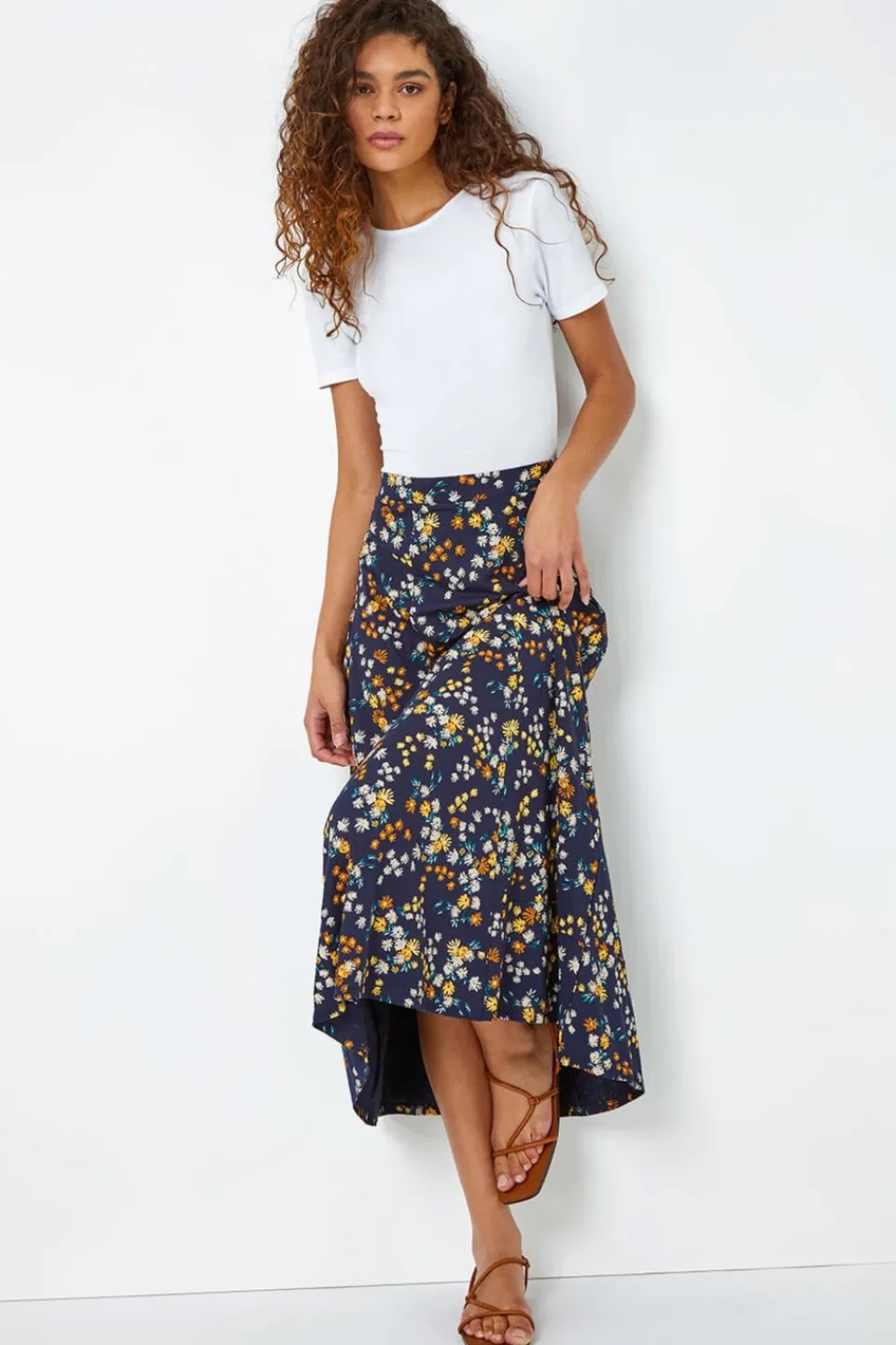 Skirts>Roman Navy Ditsy Floral Print Elastic Waist Midi Skirt