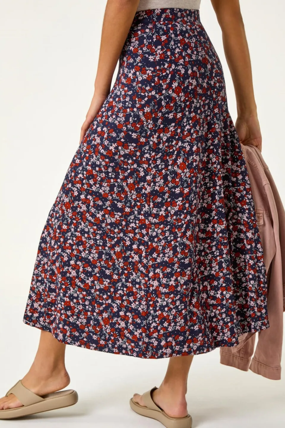 Skirts>Roman Navy Ditsy Floral Stretch Midi Skirt