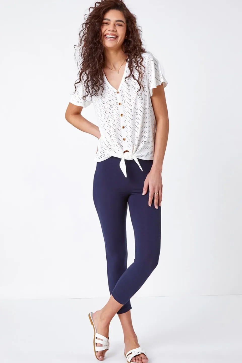 Leggings>Roman Elastic Waist Stretch Cropped Leggings Navy