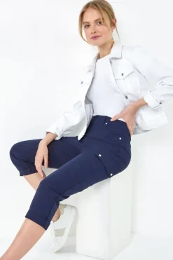 Trousers>Roman Navy Elastic Waist Turn Up Stretch Cargo Trousers