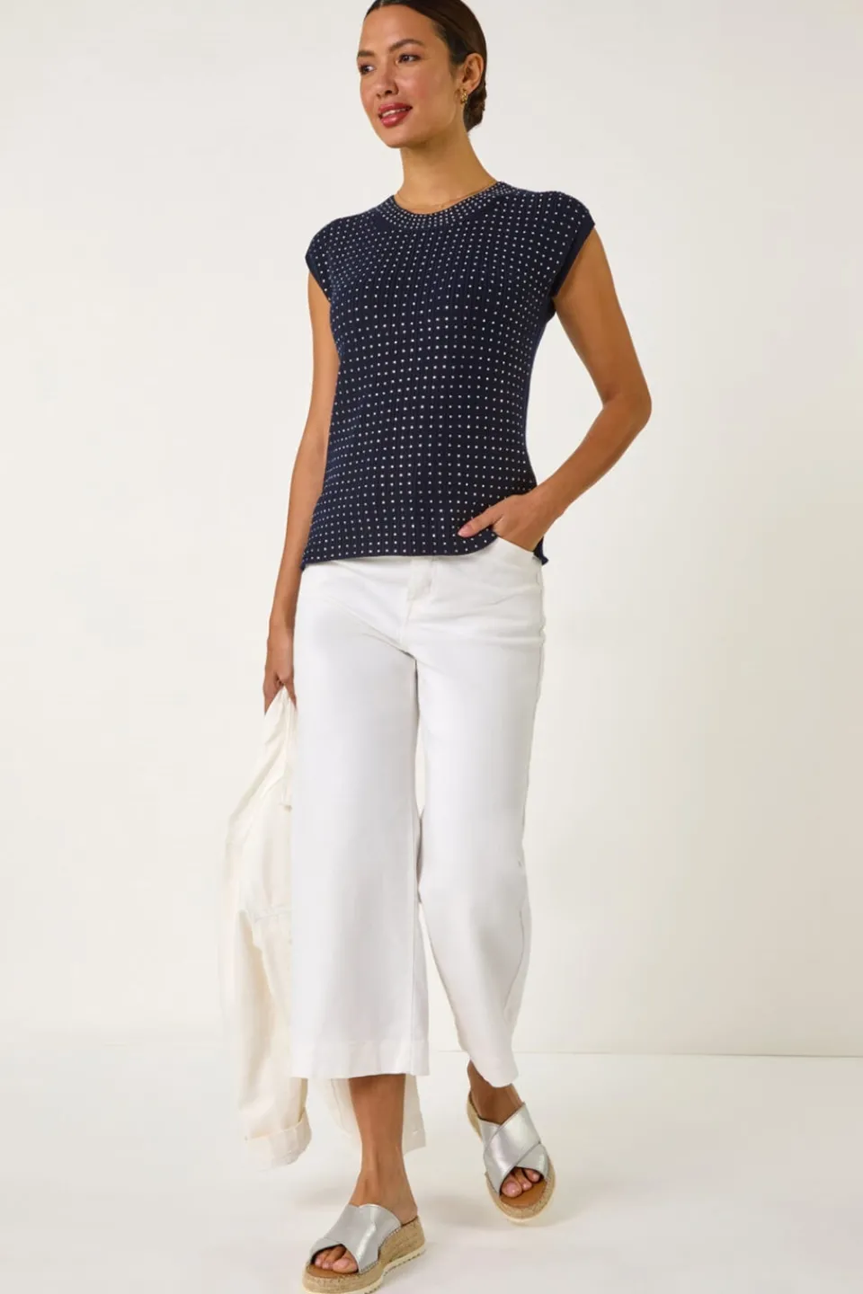 T-Shirts>Roman Navy Embellished Short Sleeve Knit Top