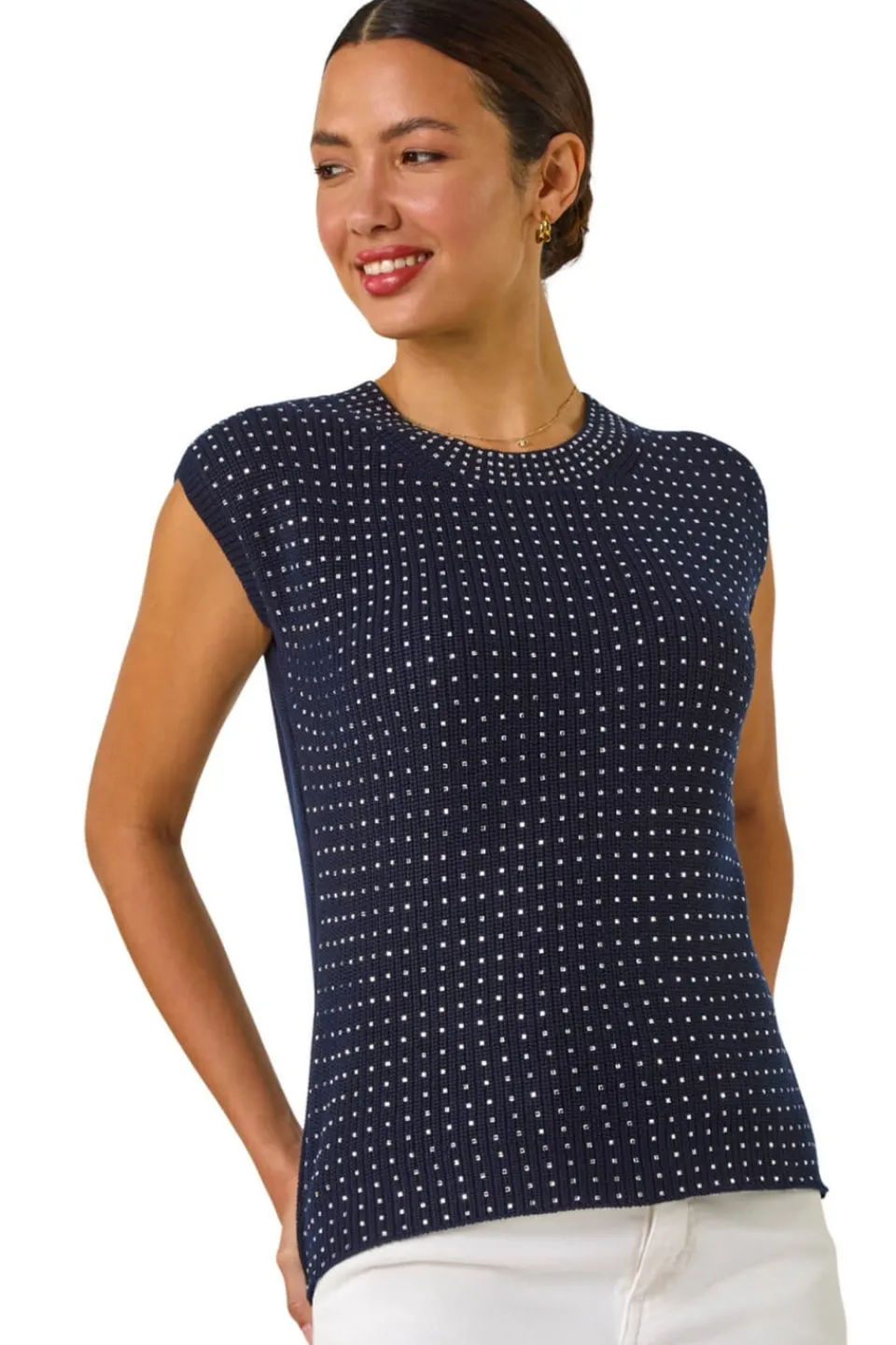 T-Shirts>Roman Navy Embellished Short Sleeve Knit Top