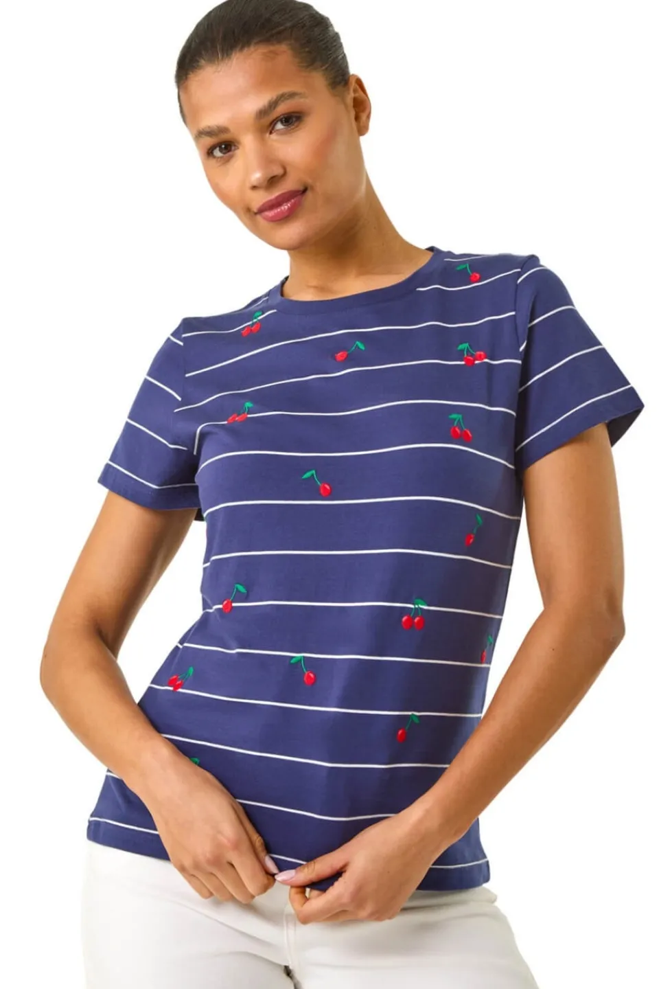 T-Shirts>Roman Navy Embroidered Cherry Cotton Tee
