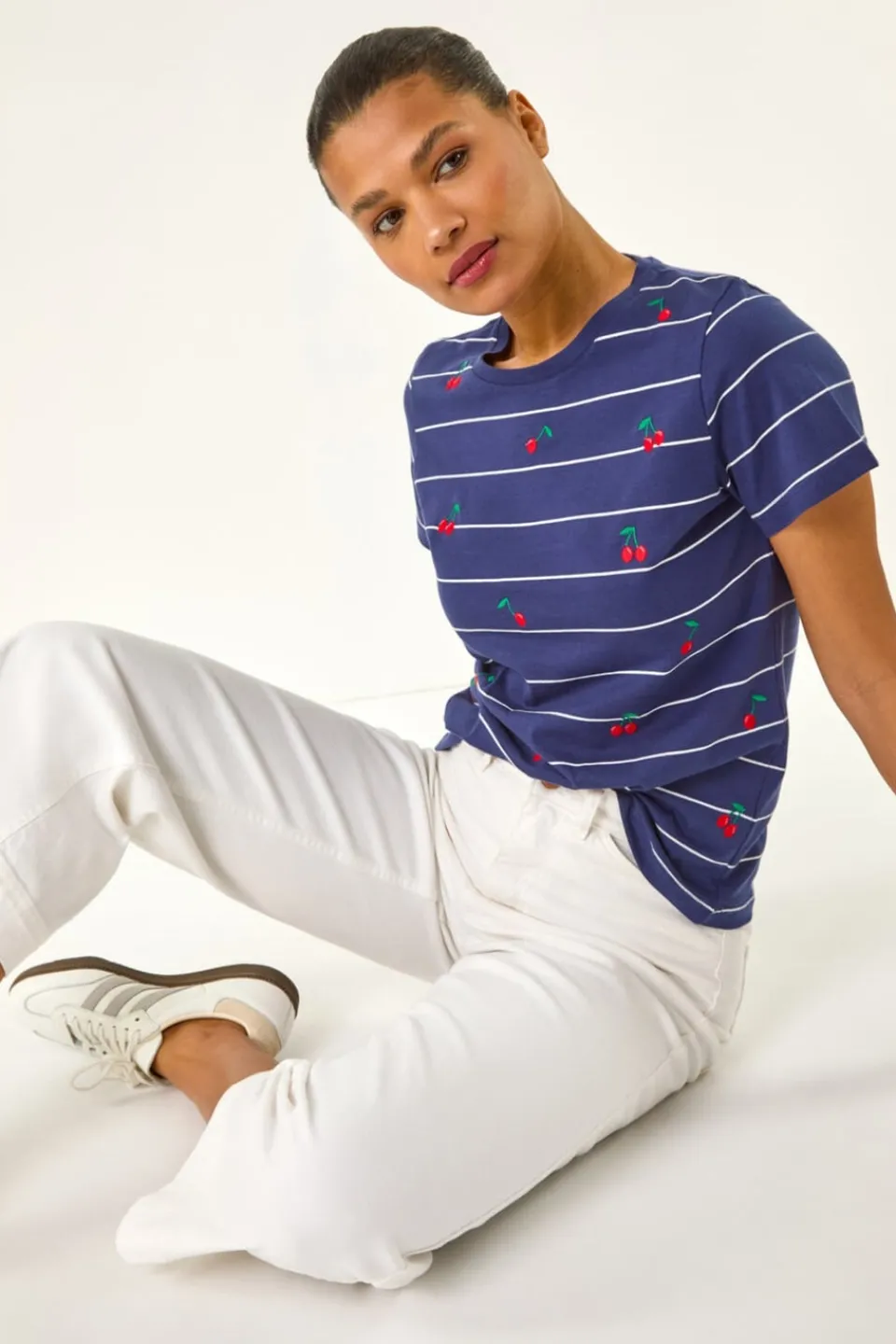 T-Shirts>Roman Navy Embroidered Cherry Cotton Tee