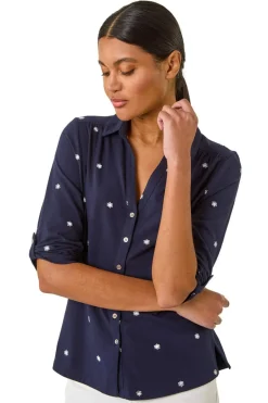 Tops>Roman Navy Embroidered V-Neck Cotton Shirt