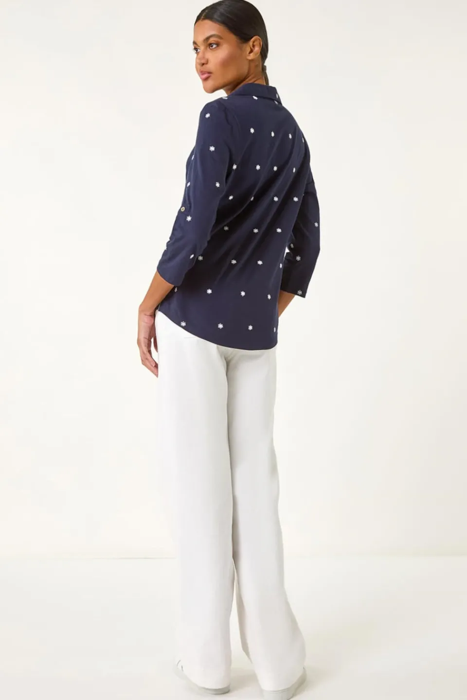 Tops>Roman Navy Embroidered V-Neck Cotton Shirt