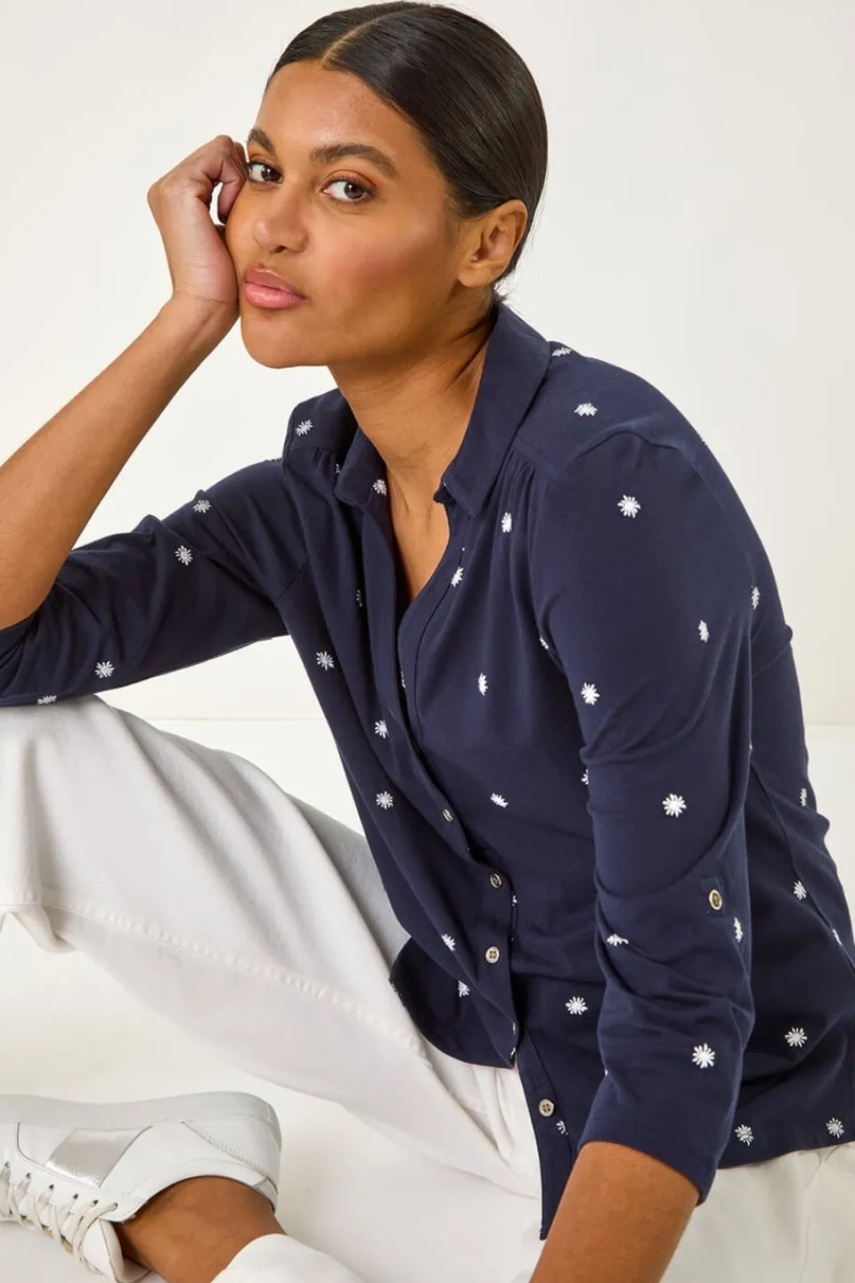 Tops>Roman Navy Embroidered V-Neck Cotton Shirt