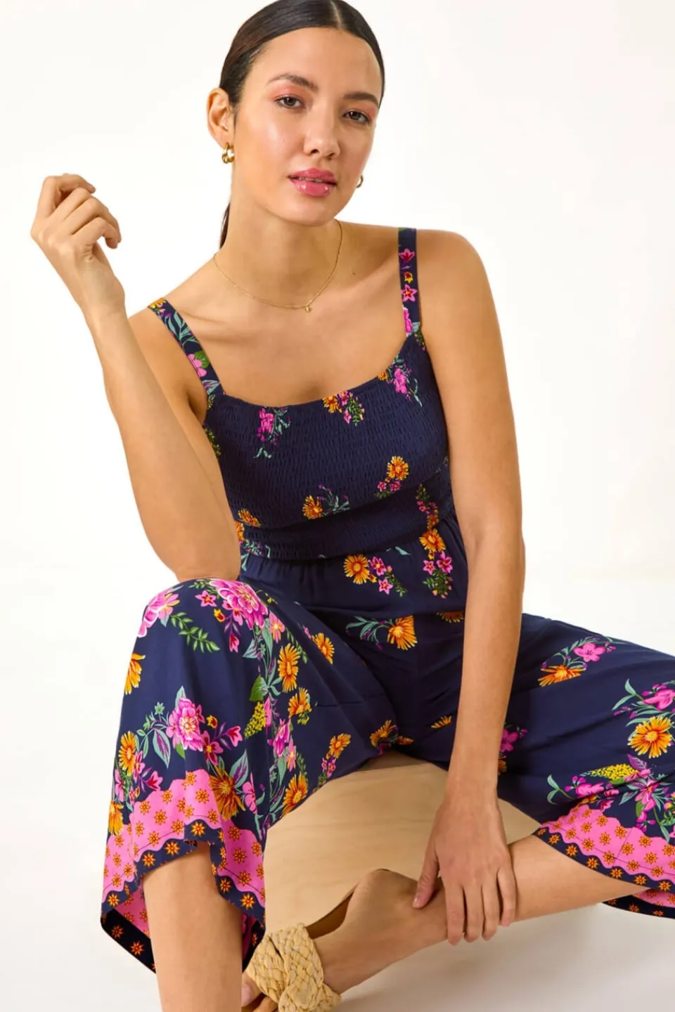 Jumpsuits & Playsuits>Roman Navy Floral Border Jumpsuit