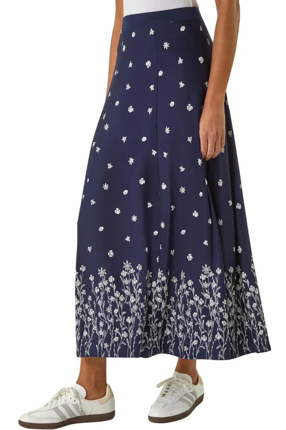 Skirts>Roman Navy Floral Border Print Stretch Skirt