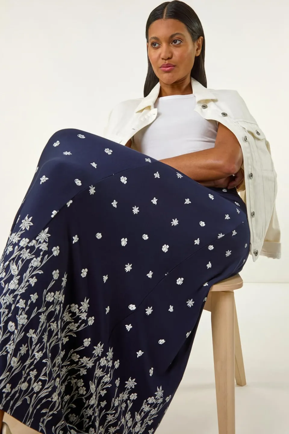 Skirts>Roman Navy Floral Border Print Stretch Skirt