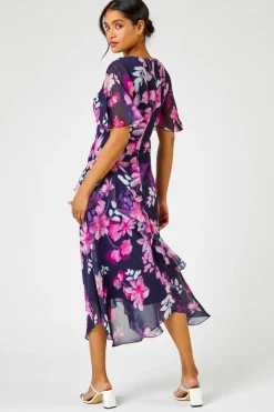 Dresses>Roman Navy Floral Chiffon Frill Asymmetric Midi Dress
