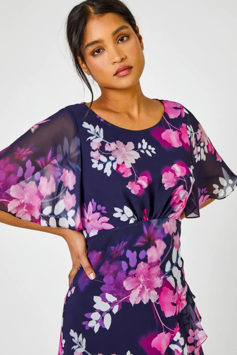 Dresses>Roman Navy Floral Chiffon Frill Asymmetric Midi Dress