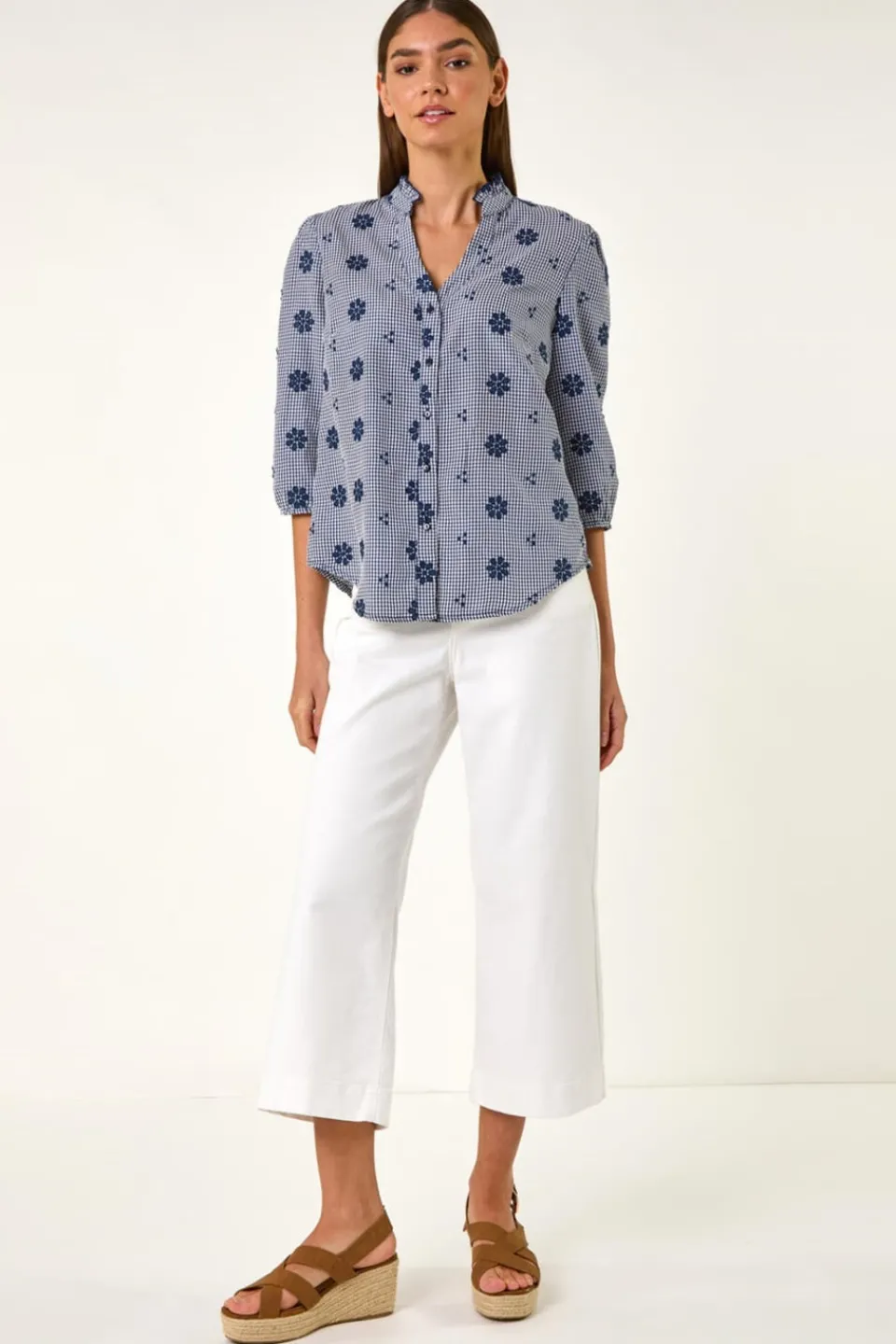 Tops>Roman Navy Floral Embroidered V Neck Blouse