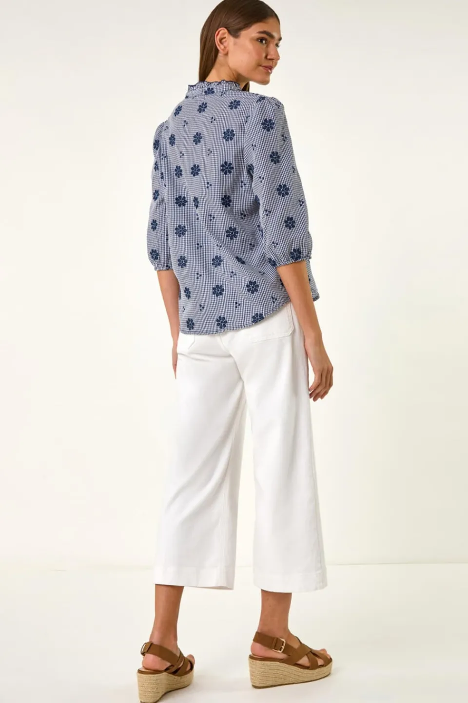 Tops>Roman Navy Floral Embroidered V Neck Blouse