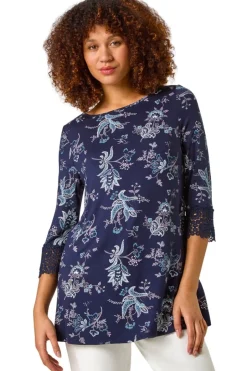 Tops>Roman Navy Floral Lace Cuff Stretch Top