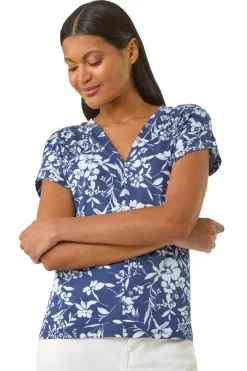 T-Shirts>Roman Navy Floral Notch Neck T Shirt