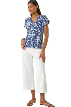 T-Shirts>Roman Navy Floral Notch Neck T Shirt