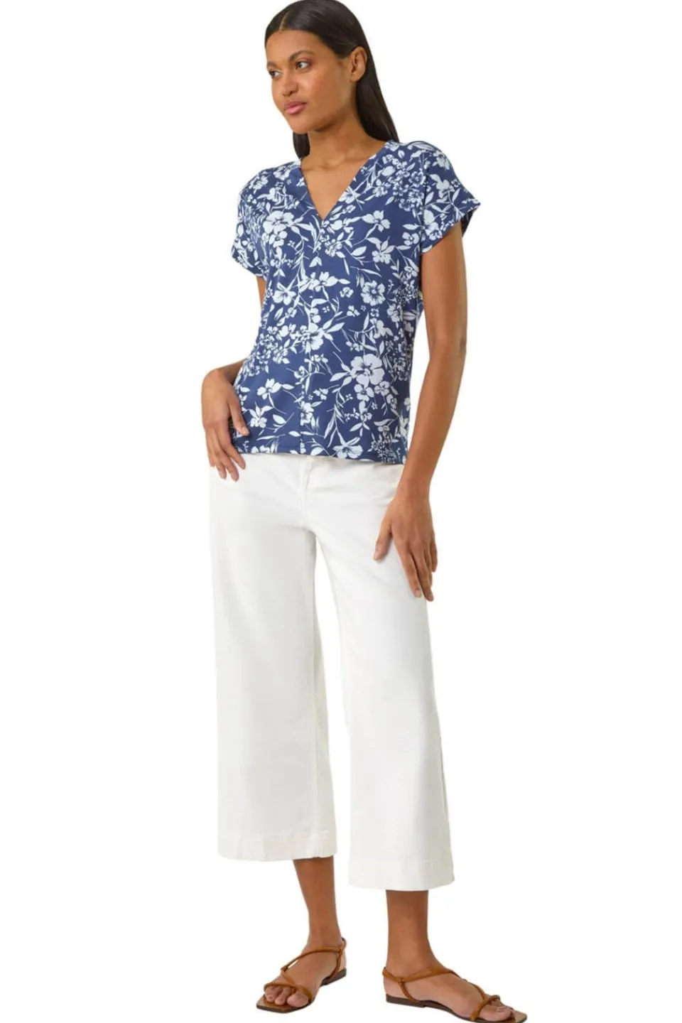 T-Shirts>Roman Navy Floral Notch Neck T Shirt