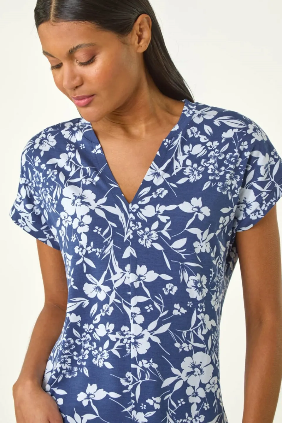 T-Shirts>Roman Navy Floral Notch Neck T Shirt