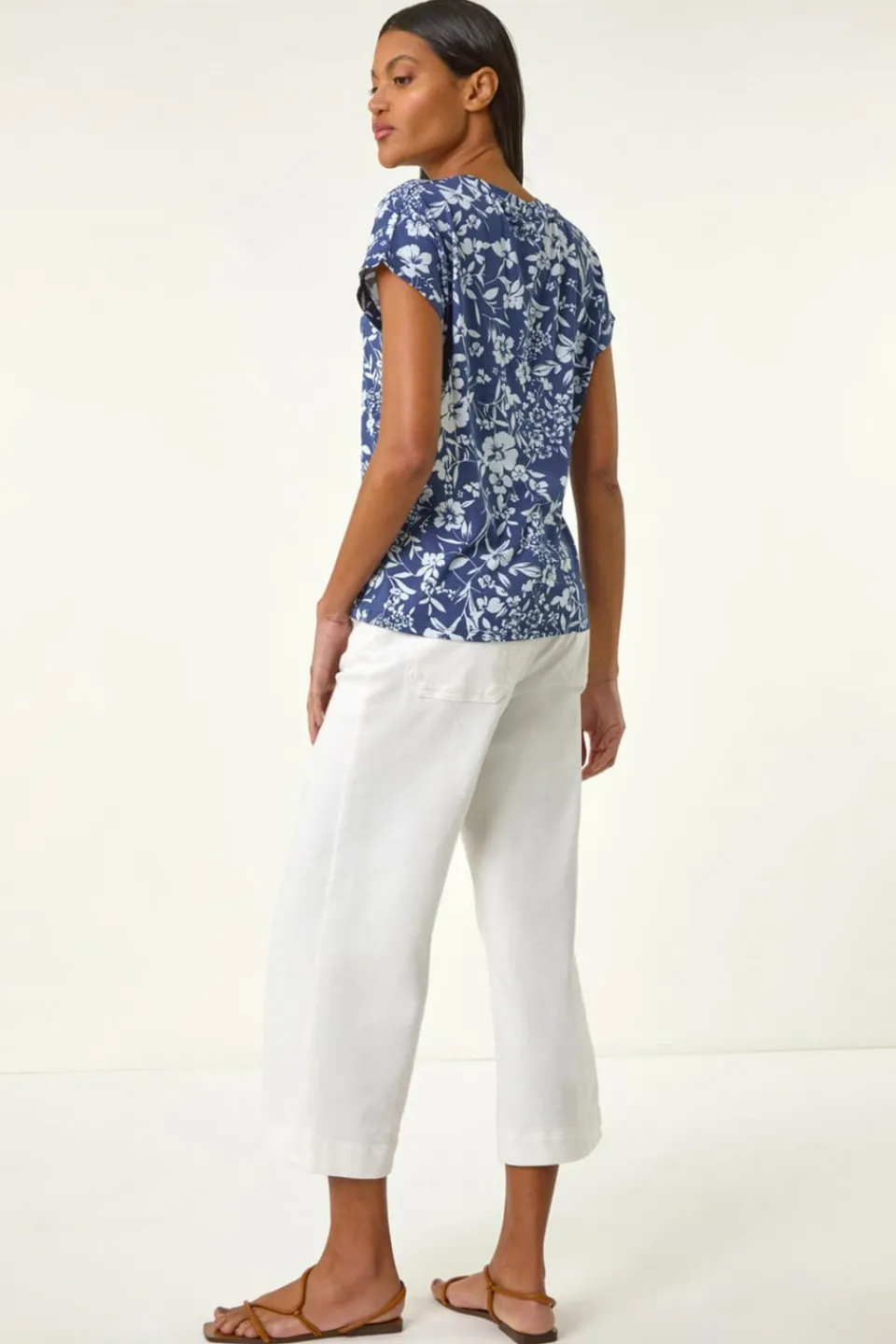 T-Shirts>Roman Navy Floral Notch Neck T Shirt