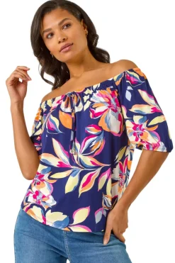 Tops>Roman Navy Floral Print Bardot Stretch Top