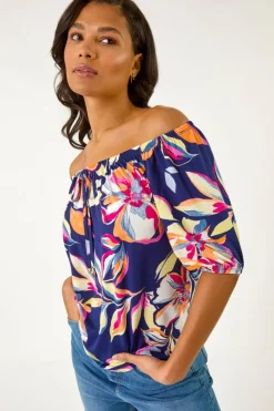 Tops>Roman Navy Floral Print Bardot Stretch Top