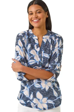 Blouses & Shirts>Roman Navy Floral Print Burnout V-Neck Shirt