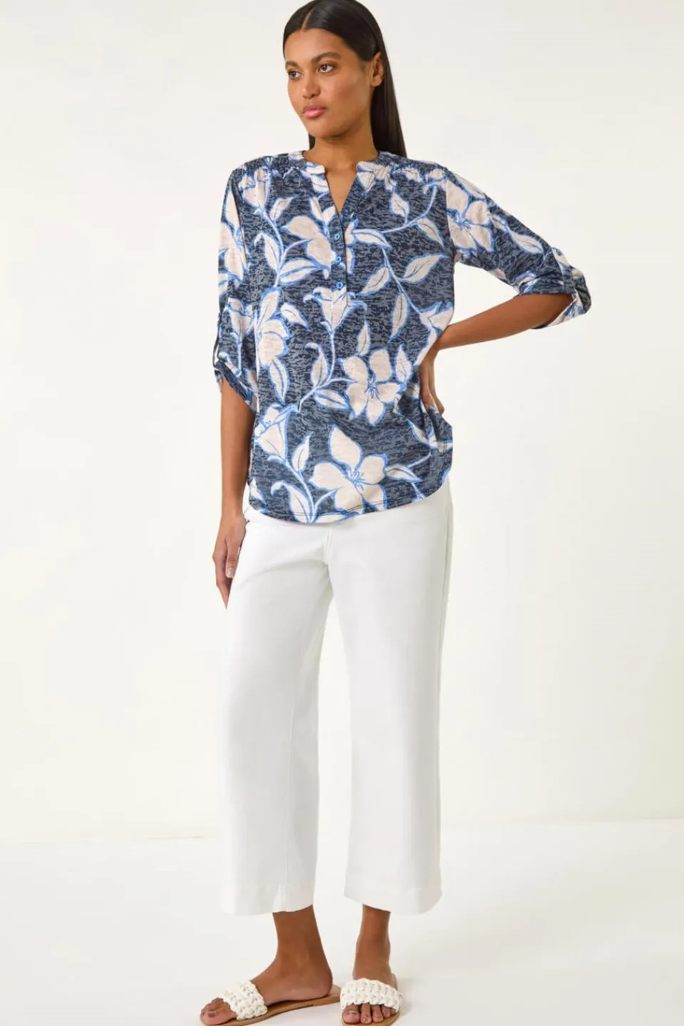 Blouses & Shirts>Roman Navy Floral Print Burnout V-Neck Shirt