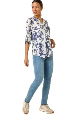 Tops>Roman Navy Floral Print Burnout V-Neck Shirt