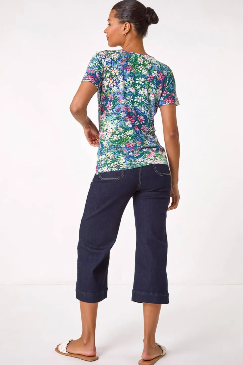 T-Shirts>Roman Navy Floral Print Cowl Neck Stretch Top