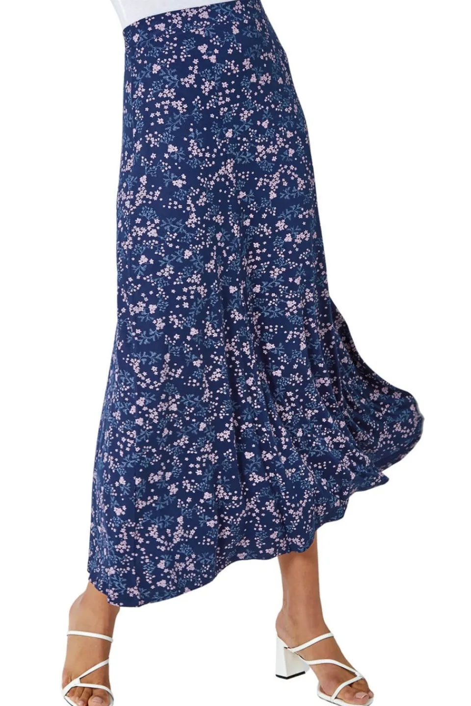 Skirts>Roman Navy Floral Print Elastic Waist Midi Stretch Skirt