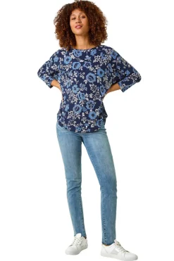T-Shirts>Roman Navy Floral Print Jersey Top
