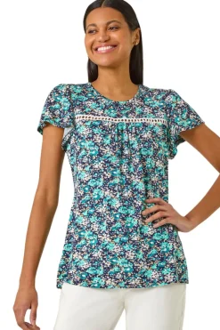 T-Shirts>Roman Navy Floral Print Ladder Trim Stretch Top