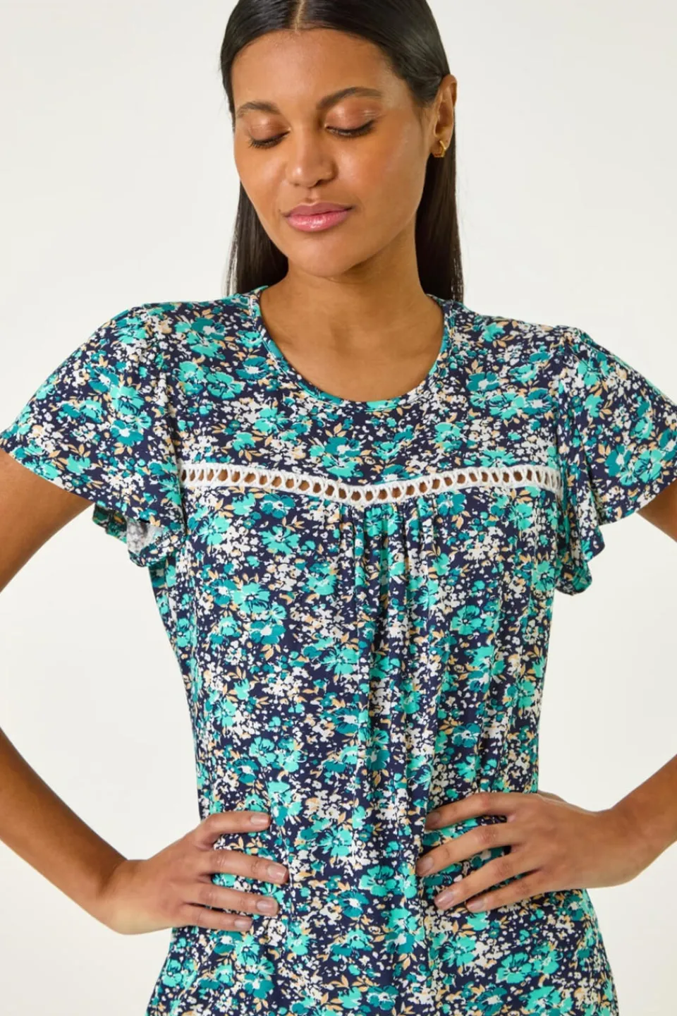 T-Shirts>Roman Navy Floral Print Ladder Trim Stretch Top