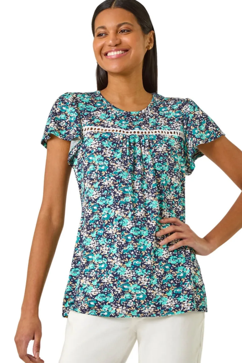 T-Shirts>Roman Navy Floral Print Ladder Trim Stretch Top