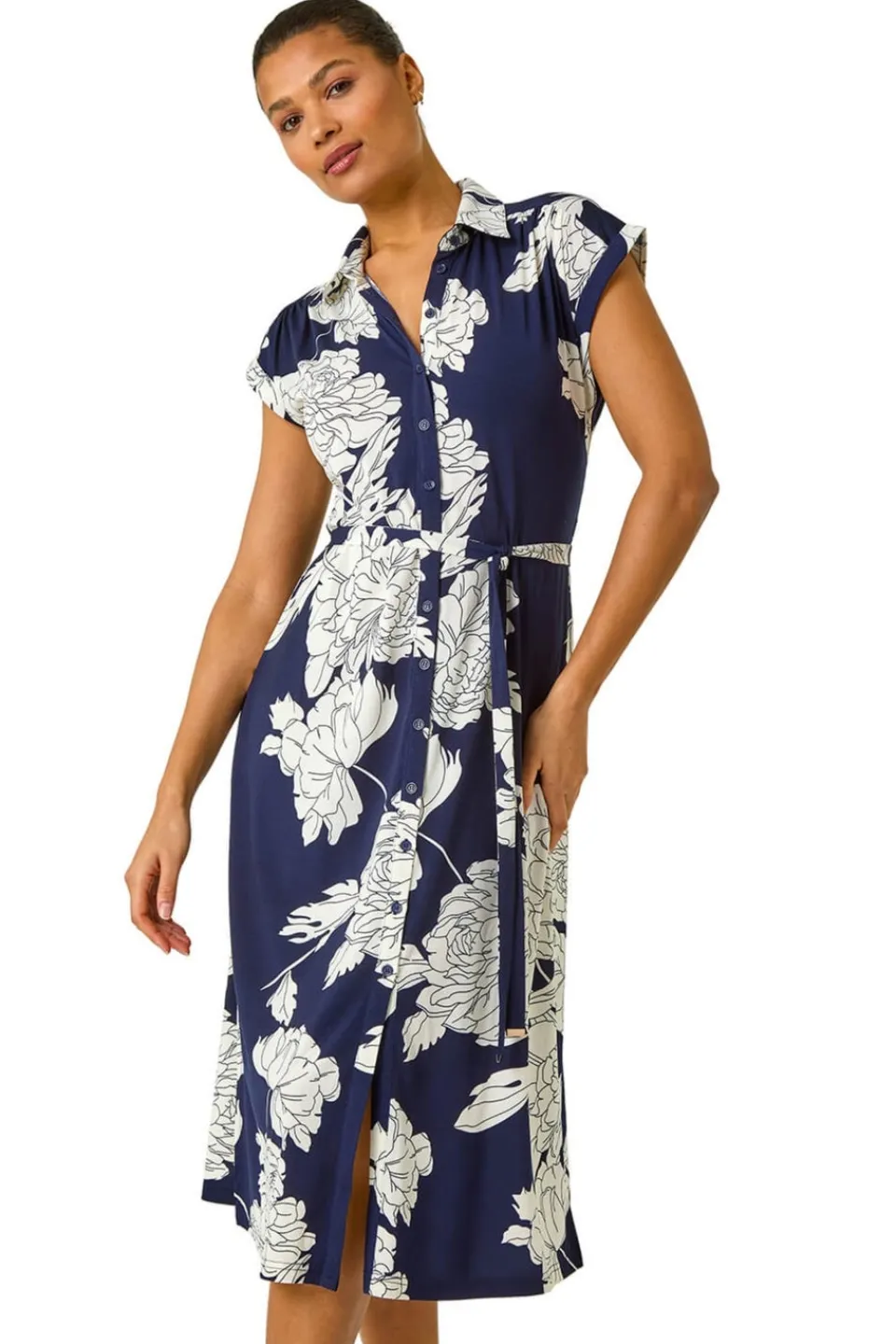Dresses>Roman Navy Floral Print Stretch Shirt Dress