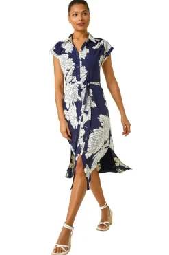 Dresses>Roman Navy Floral Print Stretch Shirt Dress