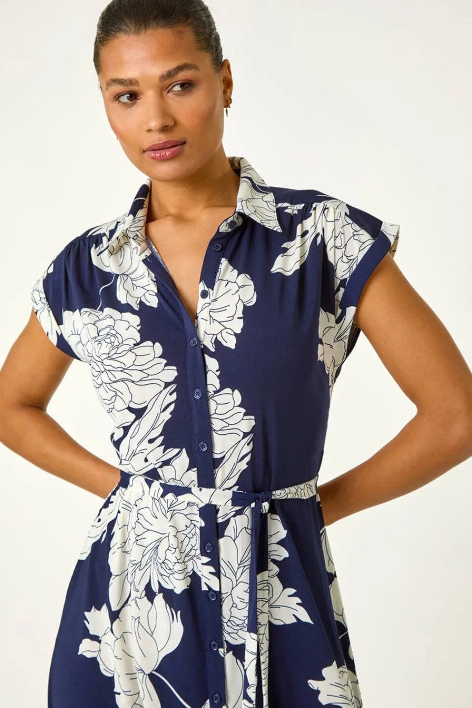 Dresses>Roman Navy Floral Print Stretch Shirt Dress