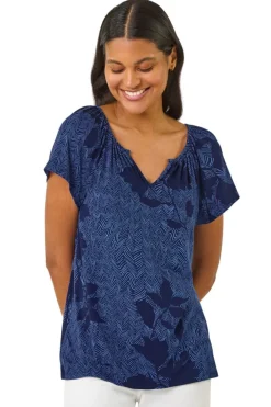 T-Shirts>Roman Navy Floral Print V Neck Top