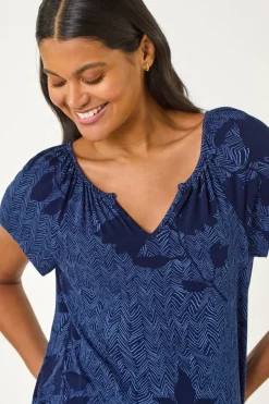 T-Shirts>Roman Navy Floral Print V Neck Top