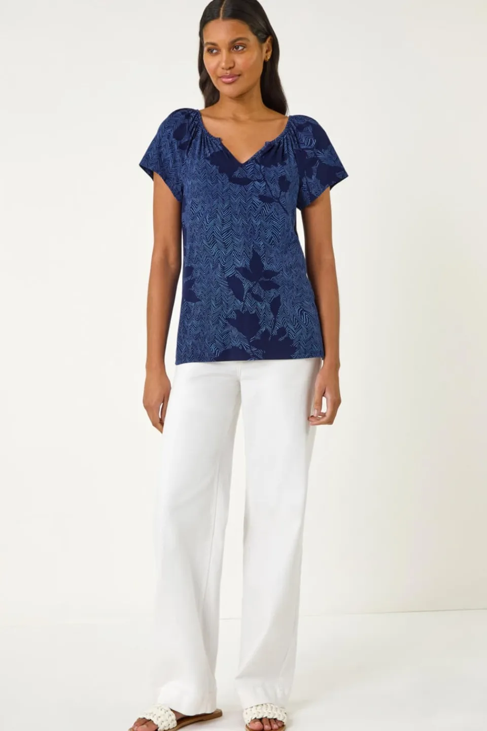 T-Shirts>Roman Navy Floral Print V Neck Top
