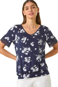 T-Shirts>Roman Navy Floral Print V-Neck Lace Stretch Top